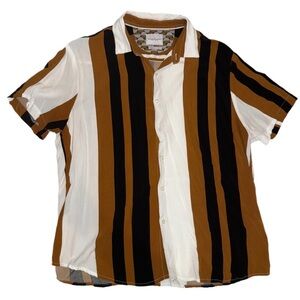 Denim Flower XL Stripe Button Up Shirt Short Sleeve Brown White